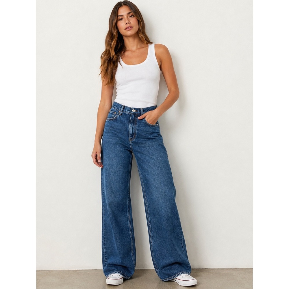 AGOLDE Dame High Rise Wide Leg Jeans Medium Blue Wash Size 31 Button Fly